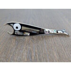 VTG Fish Bottle Opener Mother of Pearl Abalone Inlay Mexican Silver Black Blue